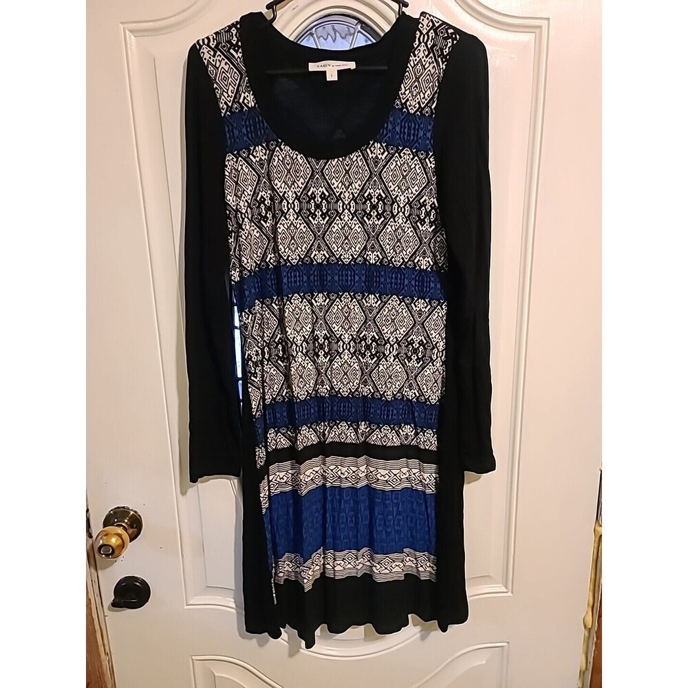 Karen Kane Womens Dress Black &  Blue Geometric Long Sleeve Size Large